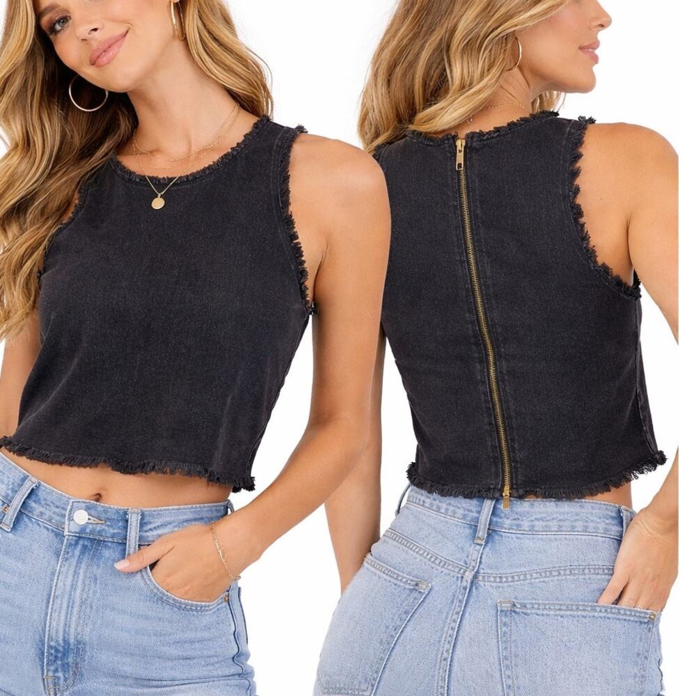 Pistola Black Frayed Denim Crop Tank XS Sleeveless Raw Hem Zip Back